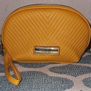 Andrew Marc Yellow Cosmetic Case with Quilted Texture and Gold Hardware